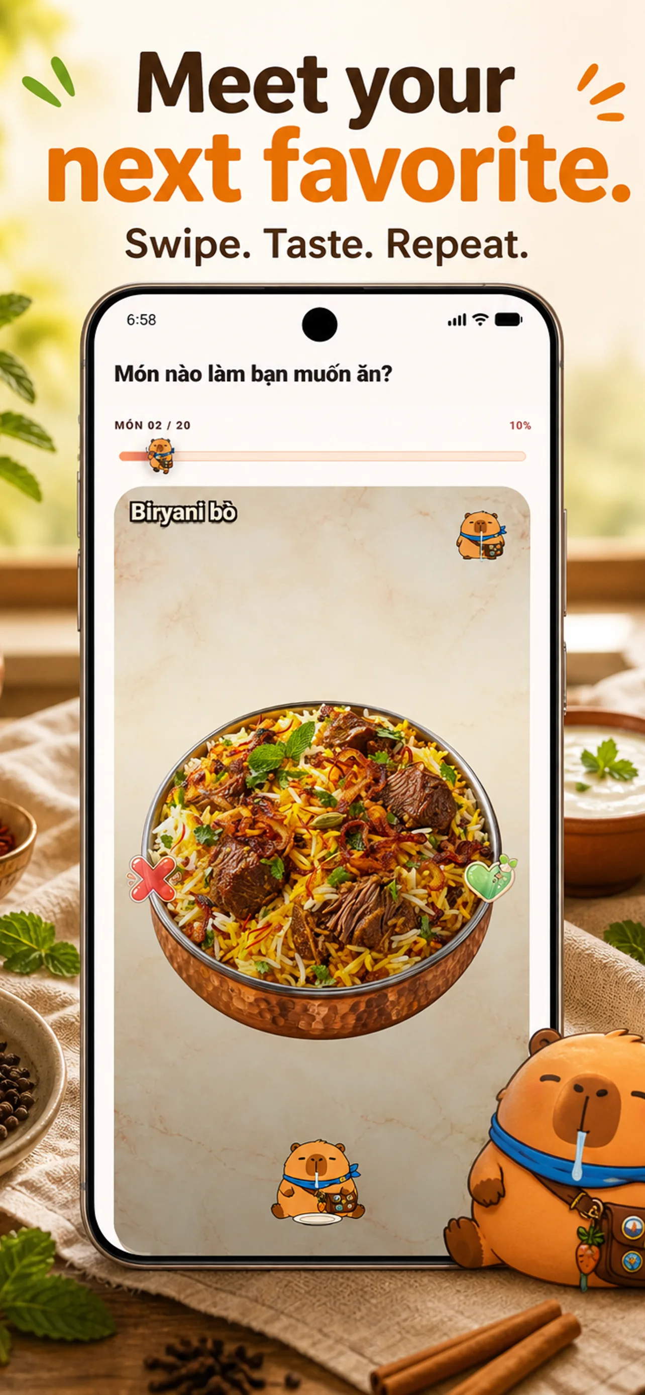 Màn hình Capy Eats gợi ý món ăn